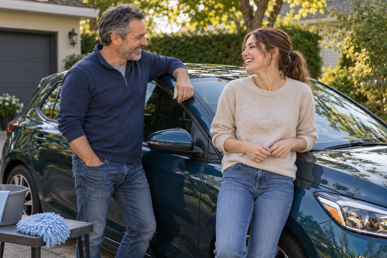 Un père et sa fille adulte sourient près de leur voiture nettoyée