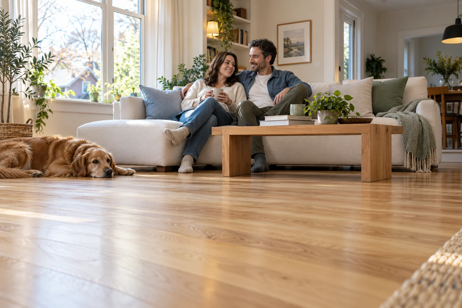 Un salon accueillant et son plancher de bois propre