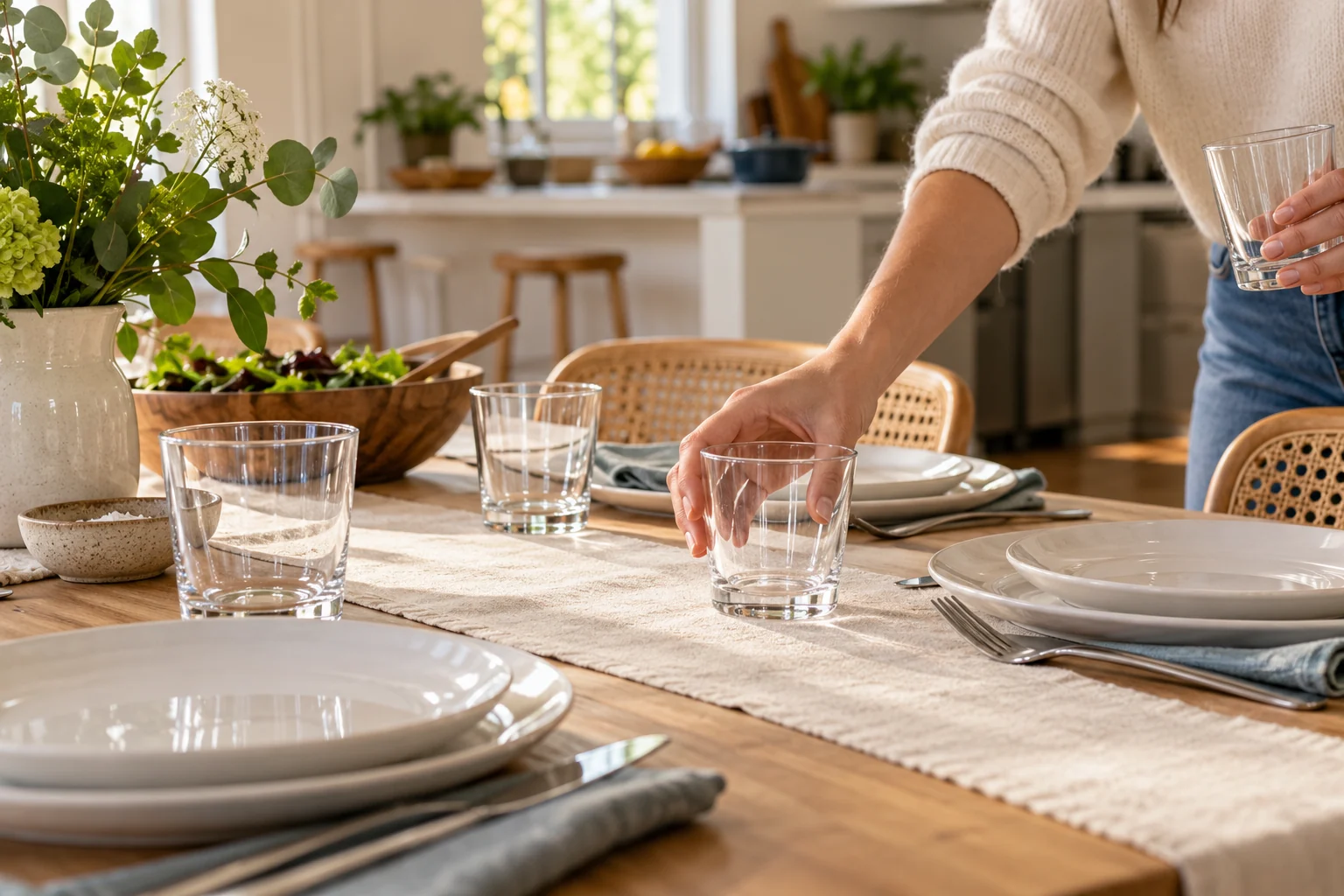 Des verres, des assiettes et des couverts propres prêts à servir
